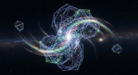 A complex, glowing geometric network of energy and light swirling through the vastness of deep space.