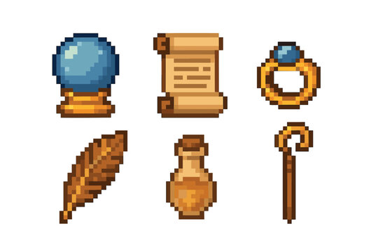 A collection of pixel art items featuring a crystal ball, a scroll, a ring with a blue gem, a quill, a potion bottle, and a staff on a white background.