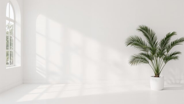Bright sunlight streaming through windows casting shadows on a white wall with a potted palm plant. Bright, minimalist interior space. Natural light and indoor greenery.