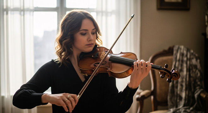 Woman Playing Violin in a Room