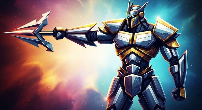 A powerful robotic knight in gleaming silver and gold armor holding a sharp trident against a vibrant cosmic nebula background. - Powered by Adobe