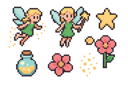 Pixel art illustration of a fairy with a magic wand, surrounded by stars and flowers, along with a small potion bottle, showcasing a whimsical fantasy theme.