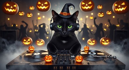 Black cat D J wearing witch hat and headphones at Halloween party with pumpkins turntable