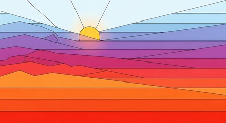 Geometric illustration of a sunset over mountains, featuring vibrant colors and a minimalist design.