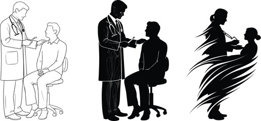 Doctor patient consultation silhouette, medical checkup pose, healthcare interaction, stethoscope illustration, vector art, clinical support, diagnosis moment, hospital scene