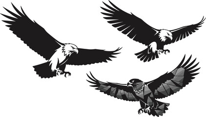 Eagle silhouette, bird of prey, flying eagle, bald eagle illustration, wings spread, black vector, freedom symbol, abstract flight, talons extended