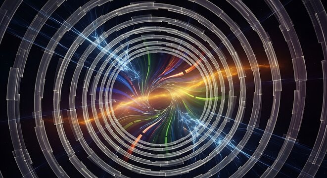 Abstract representation of a futuristic energy tunnel with colorful light streaks.