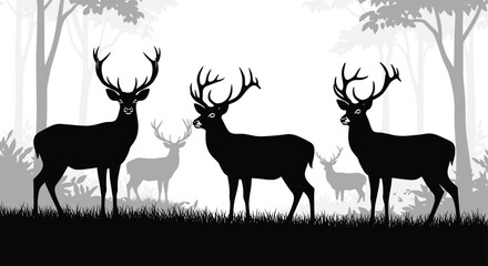 Forest deer silhouette, antler herd, wildlife scene, woodland habitat, layered contrast, black vector illustration, natural landscape, serene atmosphere, nature art