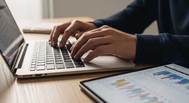 Person typing on laptop with tablet showing charts