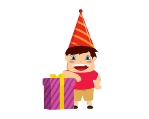 Boy Celebrates Birthday with Gift and Wearing Birthday Party Hat