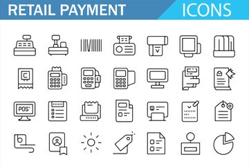 Retail payment outline icon set in clean editable stroke style featuring cash registers, barcode scanners, POS terminals, receipts, monitors, reports, price tags, and financial elements for commerce a