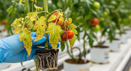 An agricultural scientist in a laboratory glove examines a diseased tomato plant with yellow spotted leaves and exposed roots in a modern greenhouse