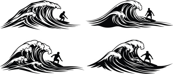 Surfing wave silhouettes, dynamic ocean swell, surfboard rider action, black vector art, frothy crest curves, extreme sport, coastal lifestyle illustration