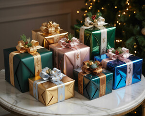 Christmas Gifts Wrapped in Festive Paper and Ribbons
