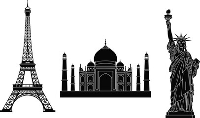 Obraz premium World landmark silhouette, Eiffel Tower, Taj Mahal, Statue of Liberty, cultural heritage, black vector illustration, global architecture, travel icon art