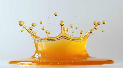 Liquid splash crown golden orange juice droplet formation high-speed photography clean background viscous fluid dynamics surface tension commercial beverage