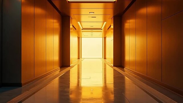 Warm golden light floods a modern, empty corridor, creating a sense of calm and anticipation.