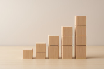 ascending bar chart built from wooden blocks with copy space background. abstract symbol of progress, growth, and positive development. upward trend, achievement.