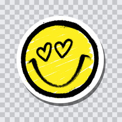 Grunge yellow smiley face with heart eyes on transparent background sticker.