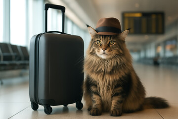 A fluffy Maine Coon cat wearing a stylish brown fedora hat and a determined expression poses next to a suitcase in a brightly lit airport terminal or transportation hub. Pet travel background.