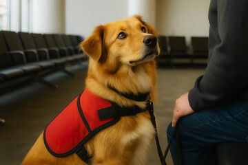 a golden retriever therapy dog sitting attentively and looking up a its owner at the airport with seats in the background. travel design element.
