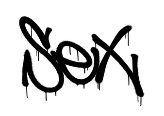 Sex graffiti word in bold black spray dripping style on white background.