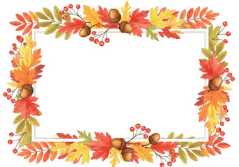 Obraz premium Decorative autumn frame with colorful leaves, acorns, and berries on a transparent background
