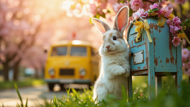 Easter bunny stands by a vintage mailbox with flowers and a yellow van in the background
