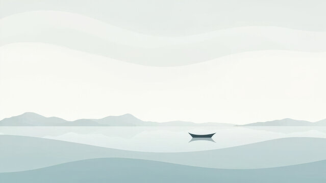 Minimalist boat on serene water with mountain backdrop in soft, muted tones - Powered by Adobe