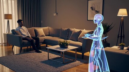 Man seated in living room hologram, AI nurse silhouette interacts with man, glowing blue hologram figure gestures, warm lamp lighting, modern sofa, calm evening atmosphere, telehealth consultation, - Powered by Adobe
