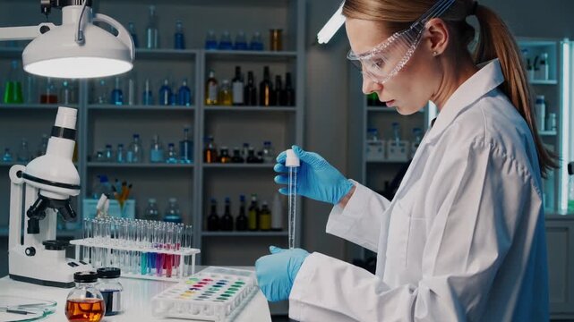 female scientist pipetting colorful reagent samples at cluttered lab bench with microscope, vials and reagent - Powered by Adobe