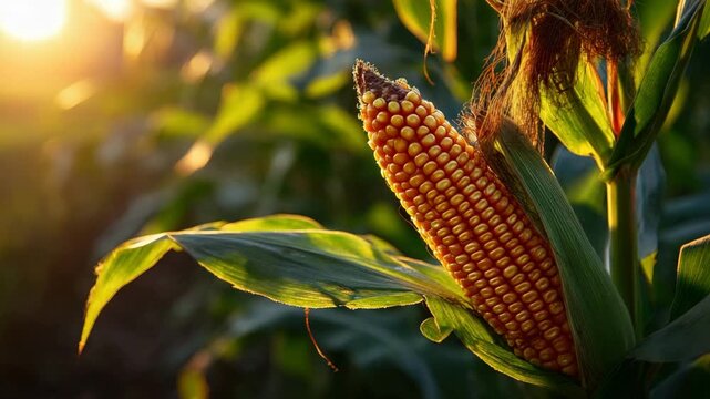 Closeup of a ripe corn cob growing on a stalk at sunset with warm light
