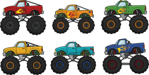 Cartoon monster trucks, colorful flame designs, kids vehicle illustration, playful transport art, oversized tires, fun racing cars, children’s truck clipart © Hello World