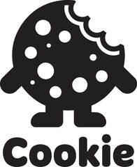 Cheerful chocolate chip cookie with bite mark cartoon character vector black silhouette icon