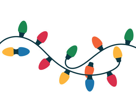 A string of colorful Christmas lights winds across a white background.