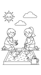 Children Gardening and Planting Seedlings, Coloring Book Illustration