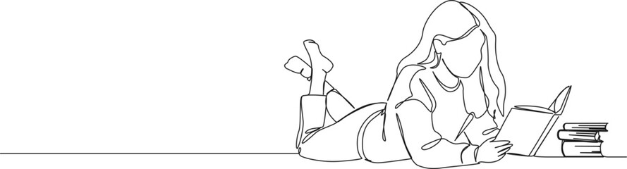 continuous line drawing of girl in prone position on floor reading a book, line art vector illustration