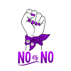 Feminist fist symbol with purple bandana and text no es no