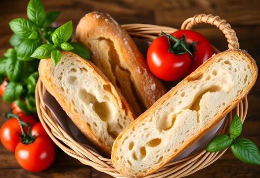 Fresh baguettes and ripe red tomatoes arranged neatly in wicker basket creating rustic organic still life food - Powered by Adobe