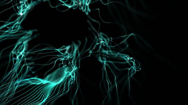 Turquoise glowing lines dance in dark space background