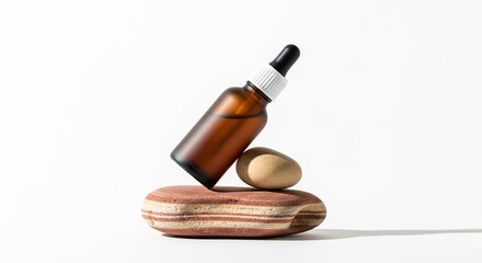 wooden circles glass bottle brown glass ceramic pot still life natural lighting minimalist detailed photorealistic.