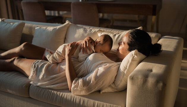 A mother rests on the sofa while holding her baby close, sharing a quiet moment of bonding.