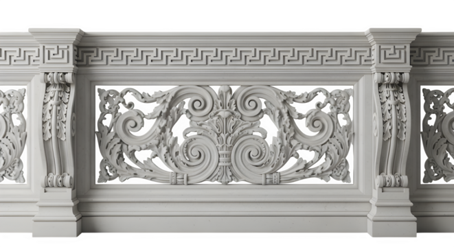 Ornate white balustrade with intricate carvings, a classical design element
