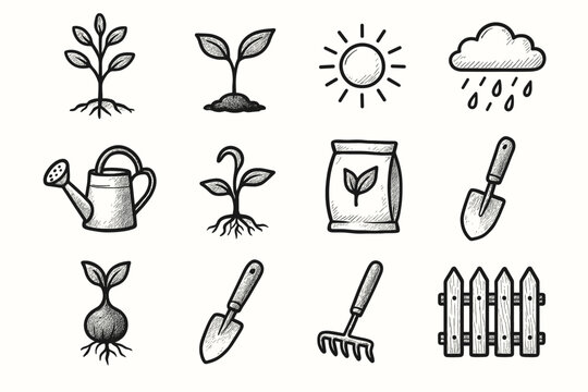 Icon watering pot seedling young garden shovel bag vector botanical set rain