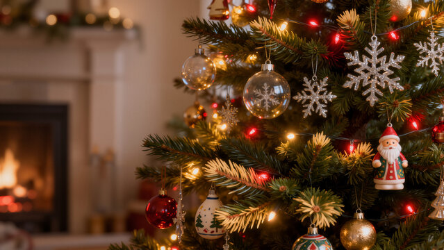Close-up of decorated Christmas tree with festive ornaments. Christmas tree with sparkling ornaments and festive holiday decorations.