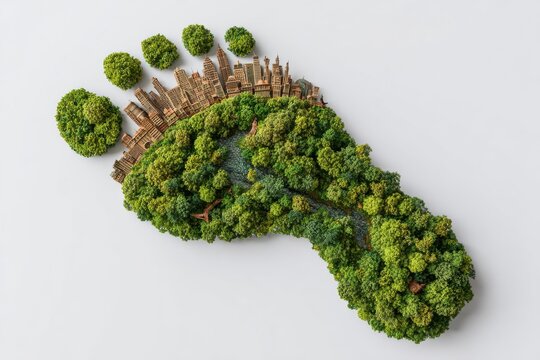 Stylized footprint with green trees, city buildings, and a river blending nature and urban landscape for unique visual storytelling