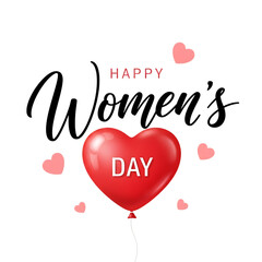 Happy womens day text with a red heart balloon and small hearts