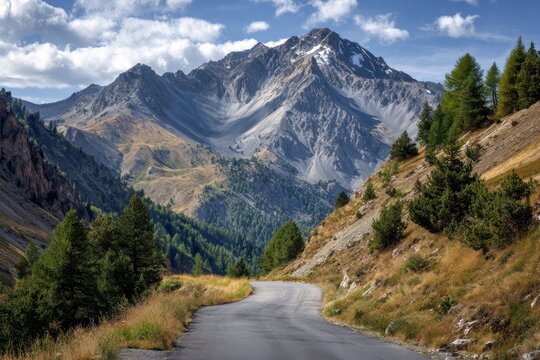 Winding asphalt road through scenic mountain landscape with lush green trees, rocky slopes, and snow-capped peaks under a clear sky with fluffy clouds creating a sense of freedom and adventure