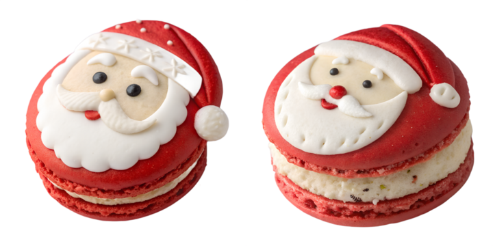 Festive santa claus themed macaron with white beards and red hats, perfect for christmas dessert concepts and holiday baking ideas