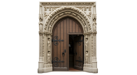 Ornate wooden door with stone archway, showcasing intricate carvings and design